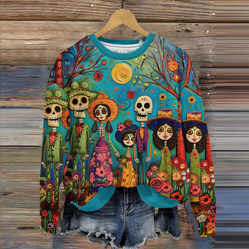 Comstylish Vintage Mexican Day Of The Dead Skull Print Sweatshirt