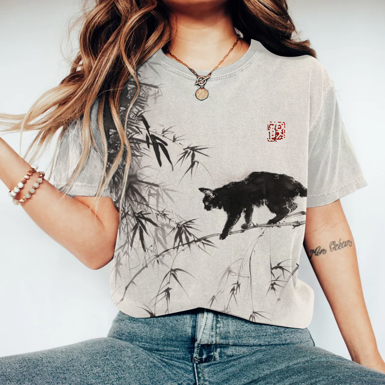 Bamboo Forest & Cat Painting Art T-Shirt elevenforest