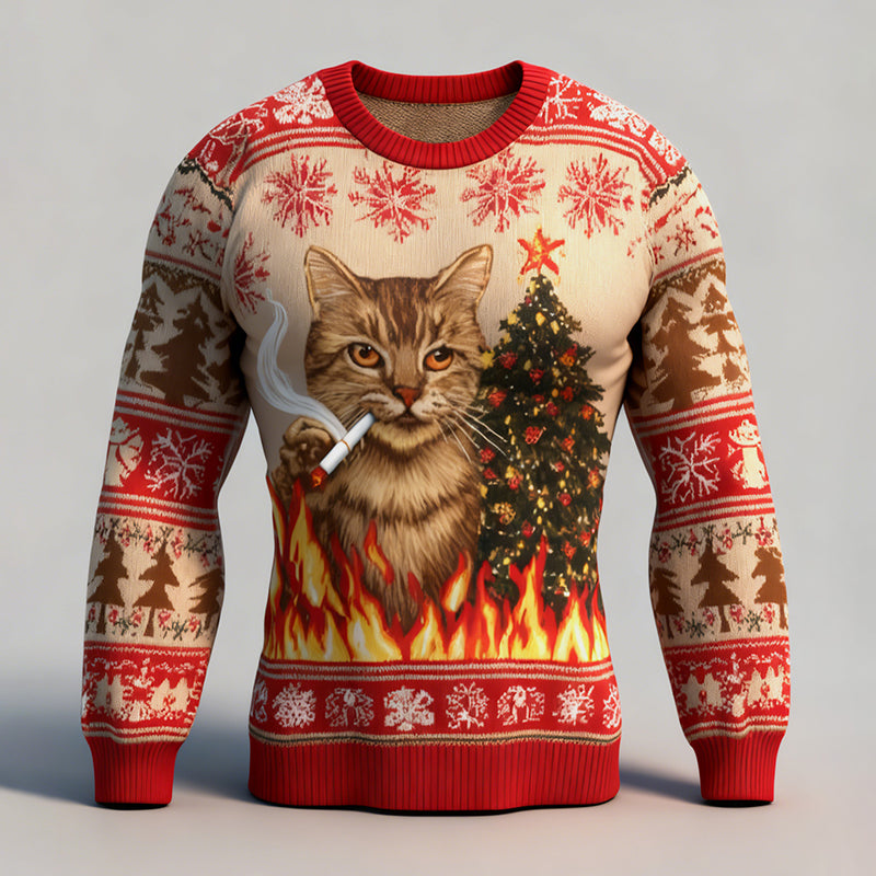 Comstylish Men's Fun Christmas Tree And Christmas Cat Comfortable Crew Neck Sweater