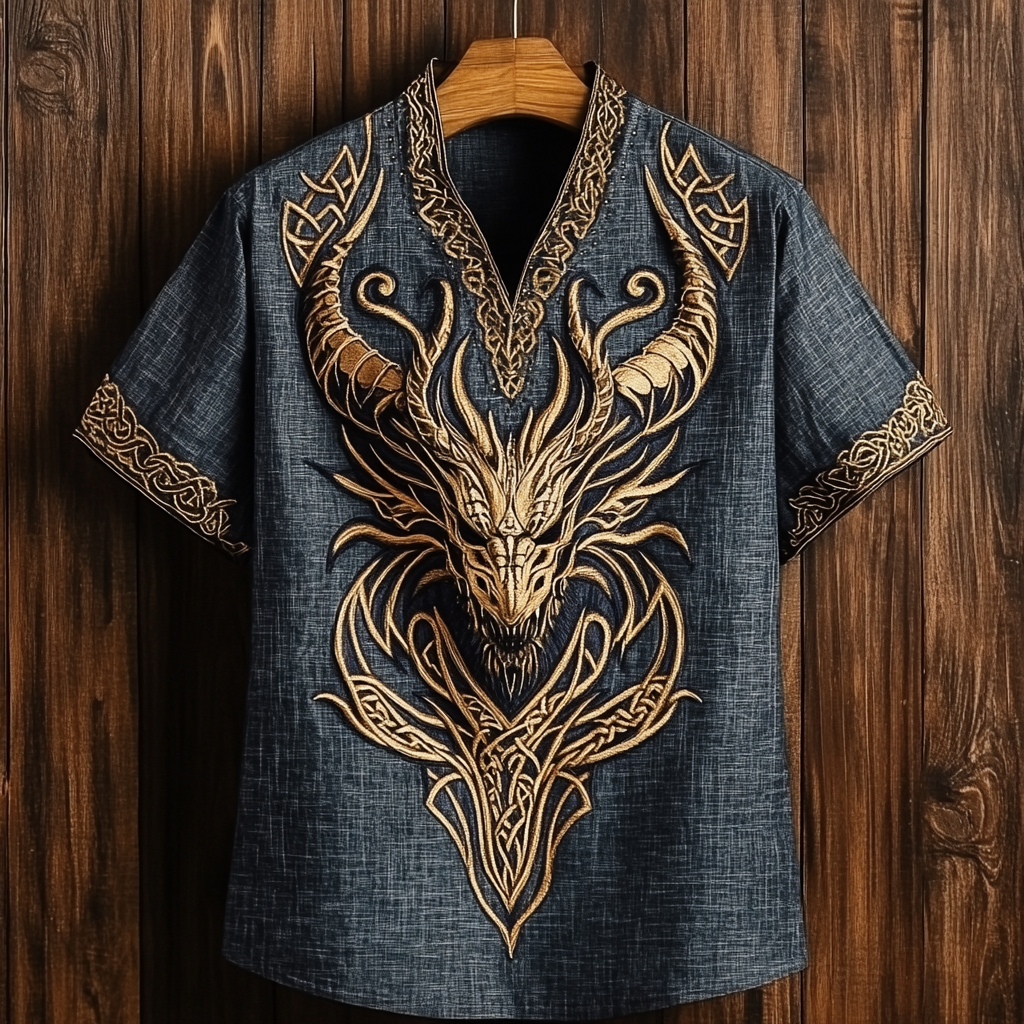 Men's Tribal Viking Dragon Celtic Art Linen V-neck T Shirt artswardrobe