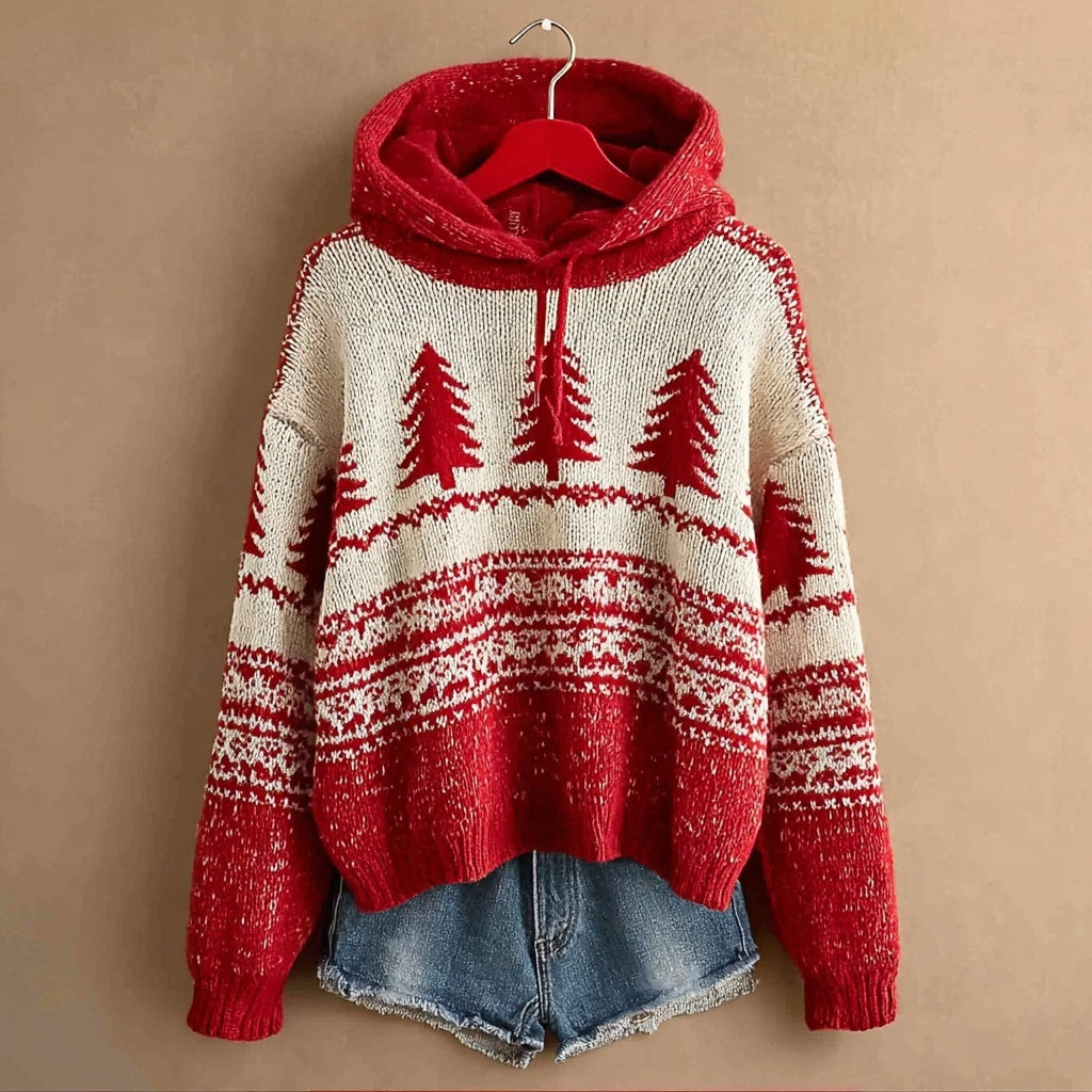 Vintage Christmas Tree Pattern Cozy Knit Hooded Sweater artswardrobe