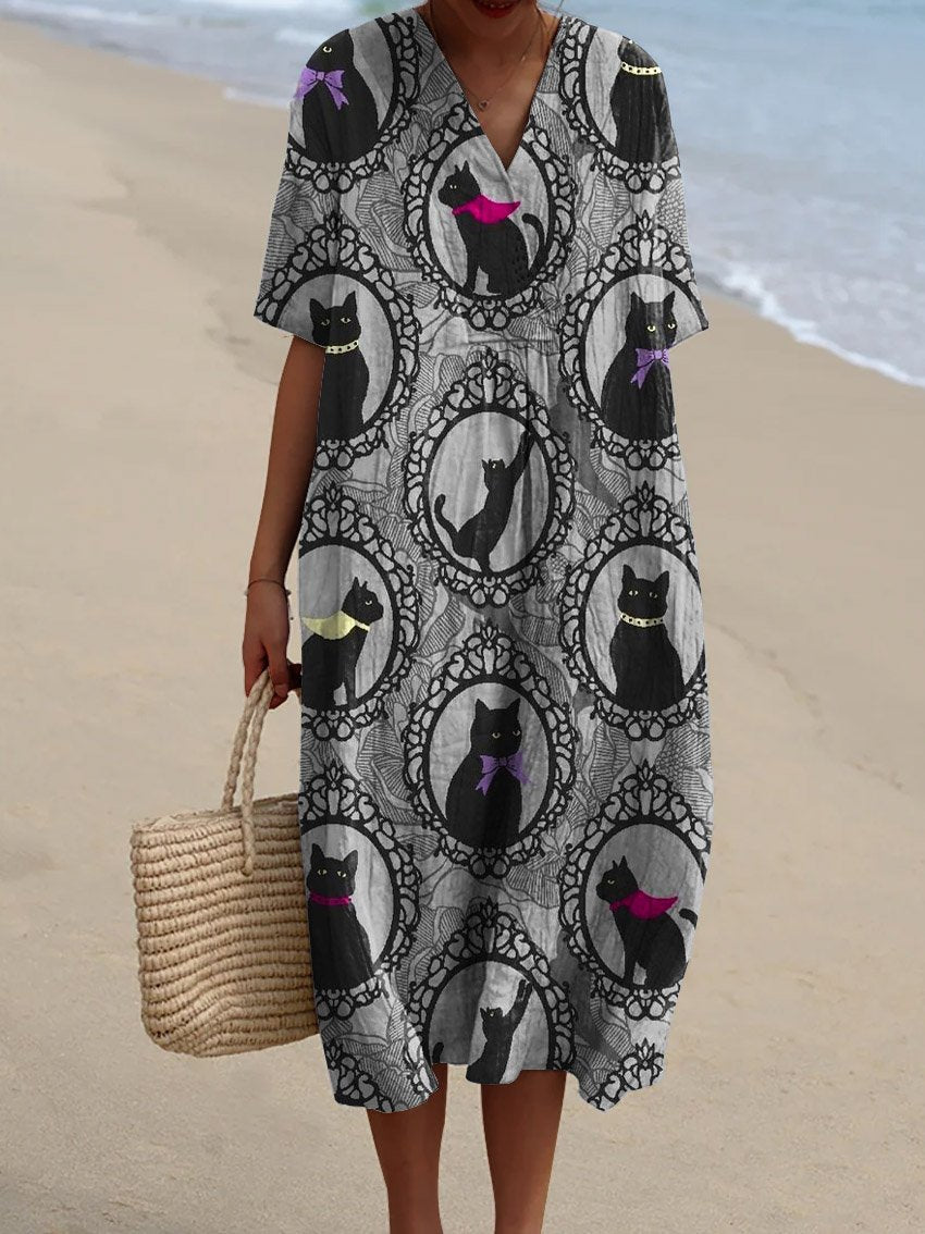 Women's Vintage Lovely Cats Art Print Flowy Dress