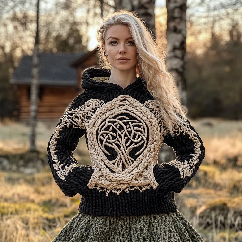 Women's Viking Tribal Tree Of Life Celtic Chunky Knit Hooded Sweater elevenforest