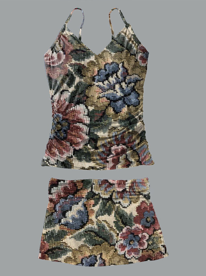 V-Neck Vintage Flowers Print Suspender Skirt Tankini Pantskirt Set Swimsuit