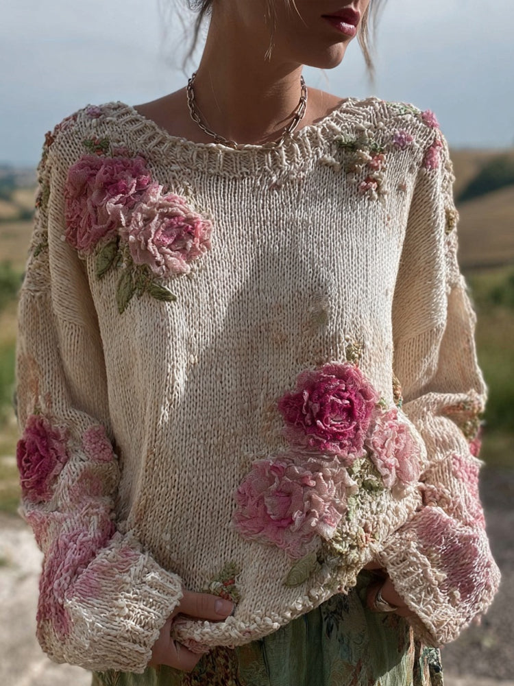 Vintage Pink Roses Embroidered Cozy Knit Sweater