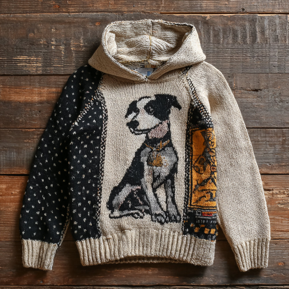 Comstylish Vintage Border Collie Dog Pattern Patchwork Polka Dot Embroidery Hooded Sweater