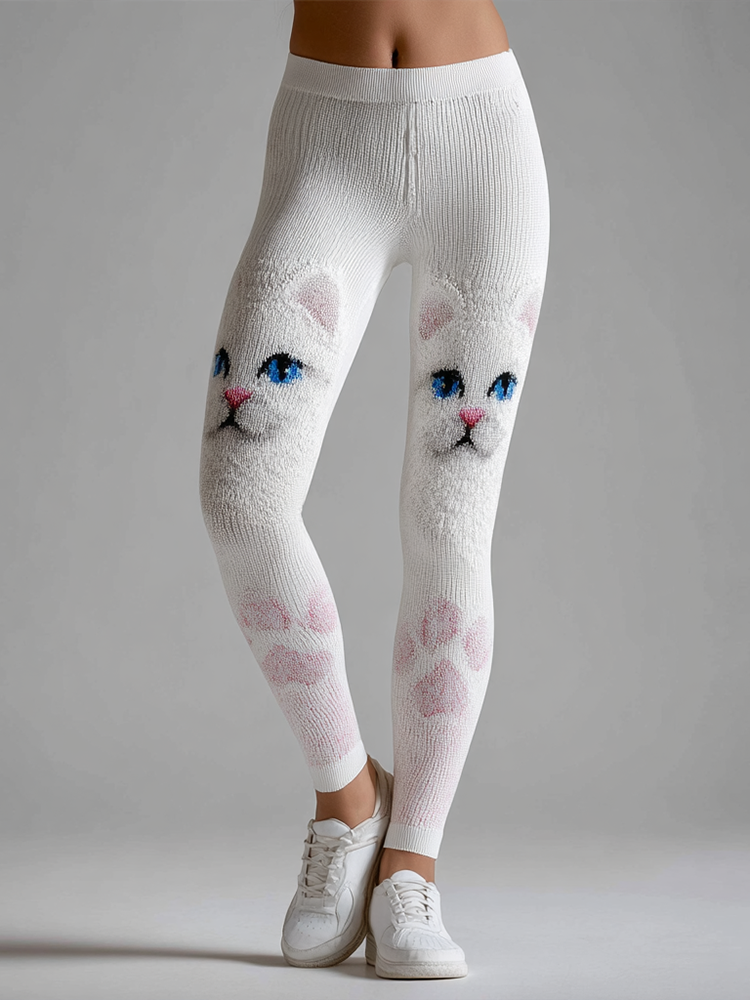 Comstylish Women's Cute Cat Knitted Tight-fitting Leggings