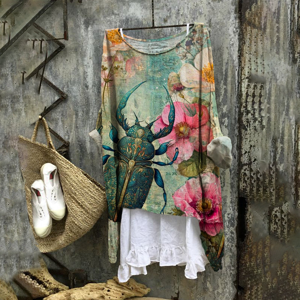 Comstylish Beetle Element Vintage Floral Women's Linen Flowy Shirt
