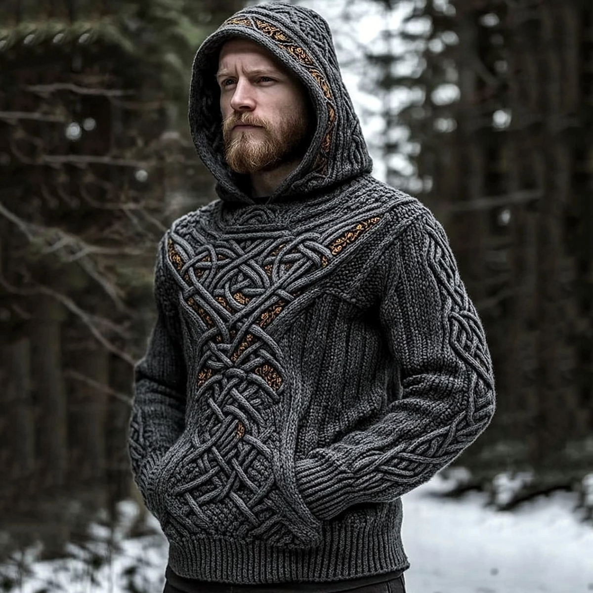 Men's Viking Jacquard Celtic Style Cozy Knit Hooded Sweater elevenforest