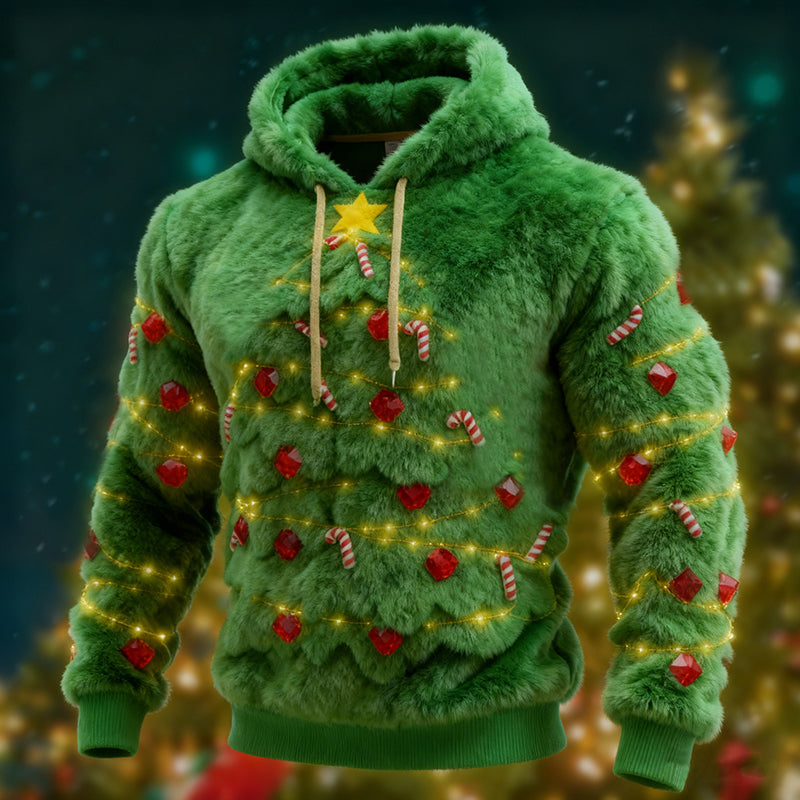 Comstylish Men's Ugly Christmas Tree Lights Pattern Flannel Hoodie