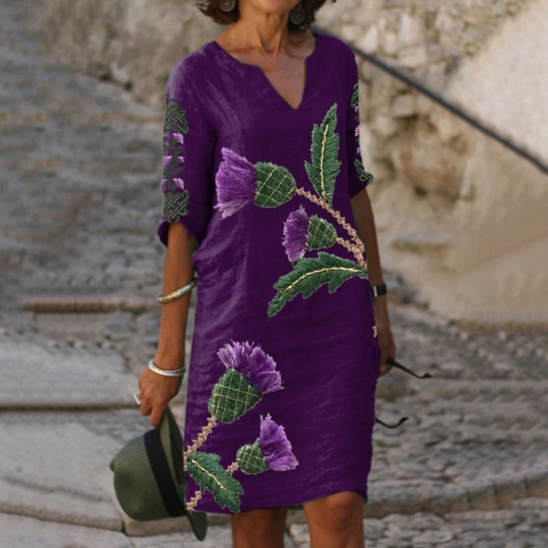 Scottish Thistle Embroidered V-neck Linen Blend Midi Dress artswardrobe
