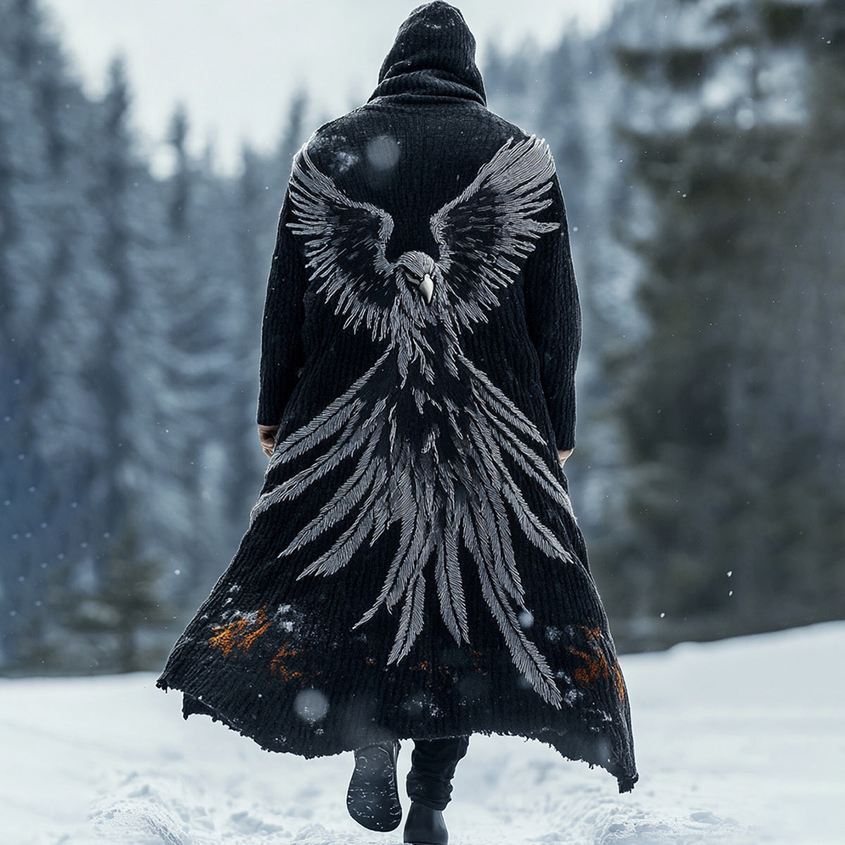 Men's Viking Eagle Embroidered Knitted Hooded Coat