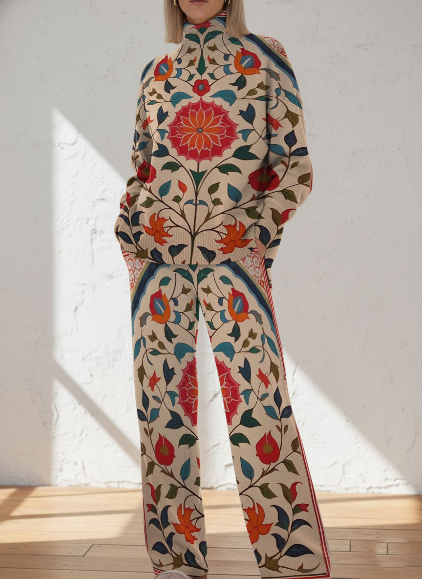 Vintage Exotic Floral And Plant Decorative Patterns Casual Stand Collar Long Sleeve Top And Casual Long Pants