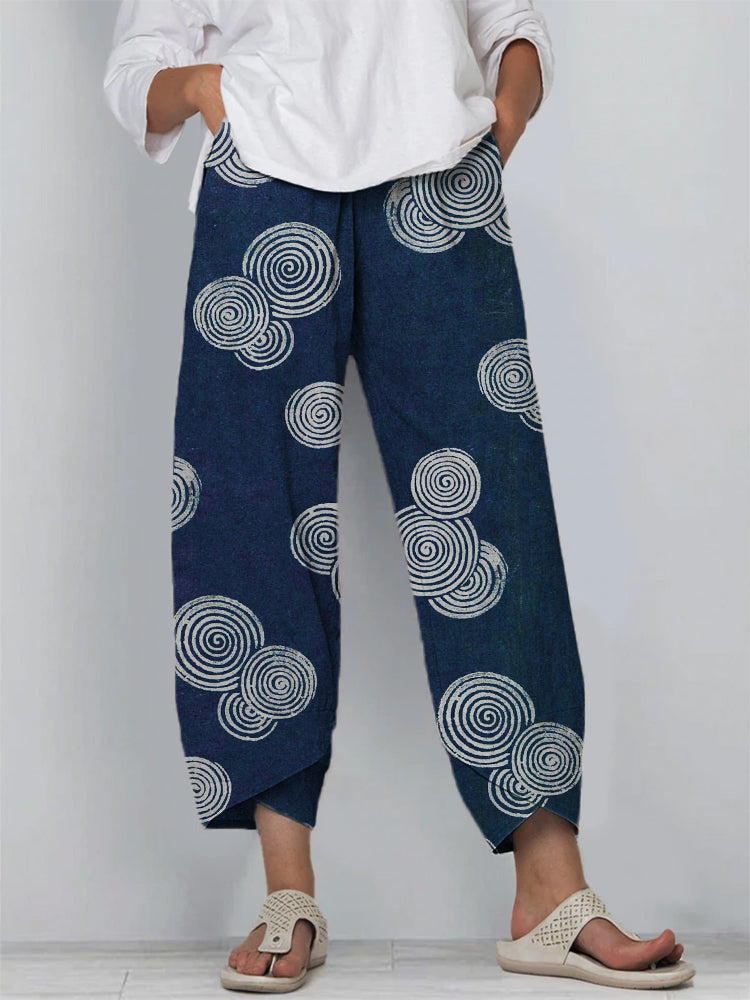 Comstylish Sea Waves Ripples Lino Pattern Linen Blend Cropped Pants