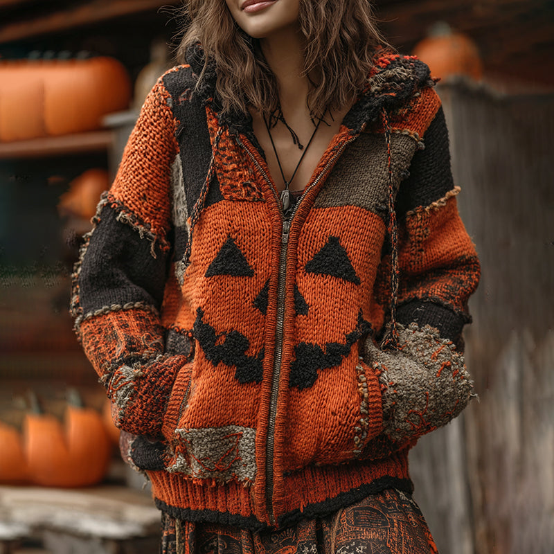 Patchwork Halloween Pumpkin Face Art Cozy Knit Hooded Cardigan elevenforest