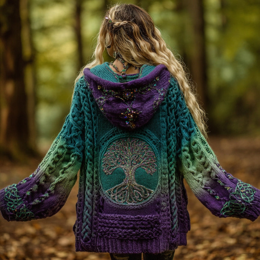 Women's Vintage Viking Tree Of Life Gradient Art Knit Zipper Cardigan Sweater artswardrobe