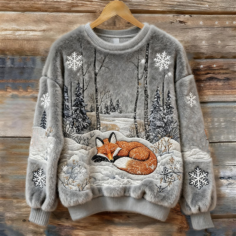 Vintage Christmas Cute Fox In Snowy Forest Art Women's Cozy Plush Sweater
