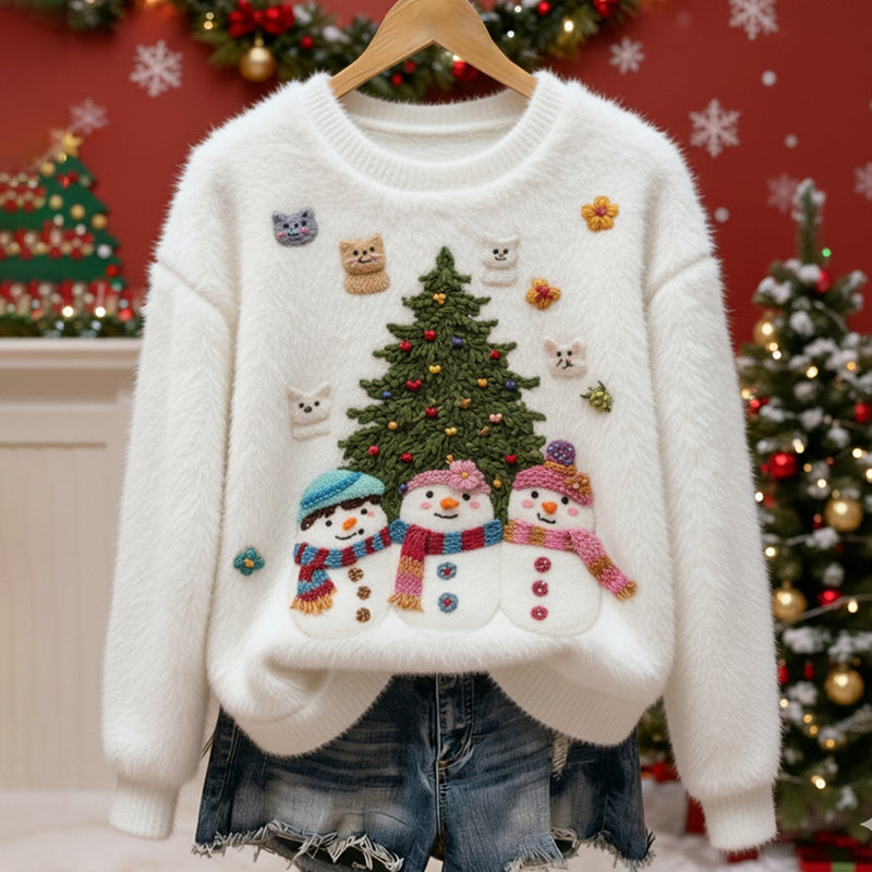 Christmas Tree And Snowman Pattern Women's Comfortable Plush Sweater elevenforest