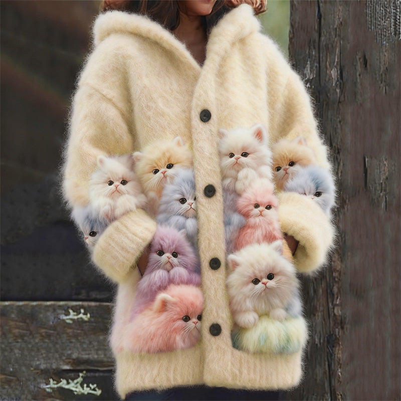 Lovely Fuzzy Colorful Cats Cozy Hooded Cardigan elevenforest