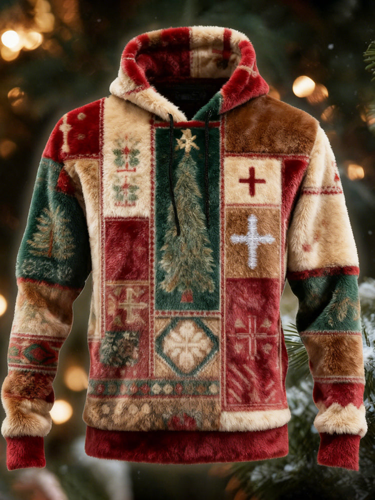 Comstylish Christmas Tree & Cross Patchwork Design Men's Flannel Hooded Sweatshirt