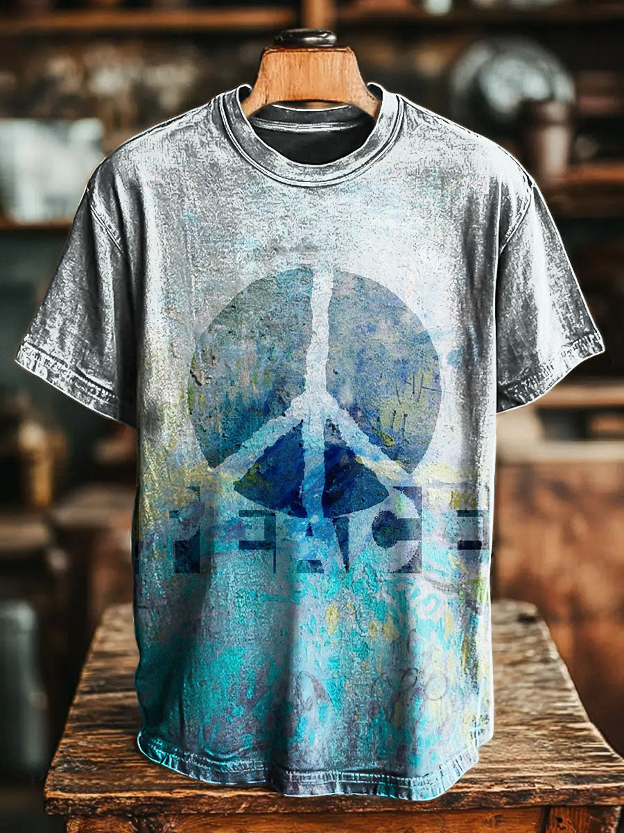 Blue Gradation Hippie and Peace Vintage Art Print Casual T-shirt For M