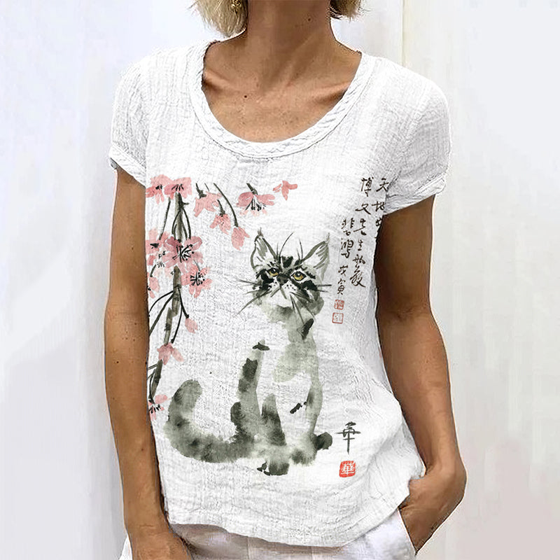 Retro Japanese Ink Floral Cat Art Painting Linen Casual T-Shirt elevenforest