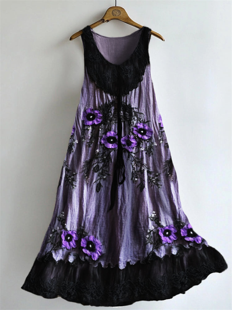Classy Purple Floral Lace Patchwork Flowy Linen Dress artswardrobe