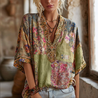 Three-dimensional Embroidery Rare Item Flower Vintage Tie-dye V-neck Short-sleeved Shirt artswardrobe