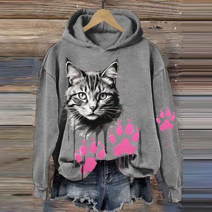 Women's Cute Cat Printed Hooded Sweatshirt elevenforest