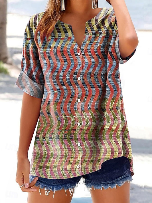 Women's Colorful Wave Pattern Art Print Cotton Linen Casual Shirt