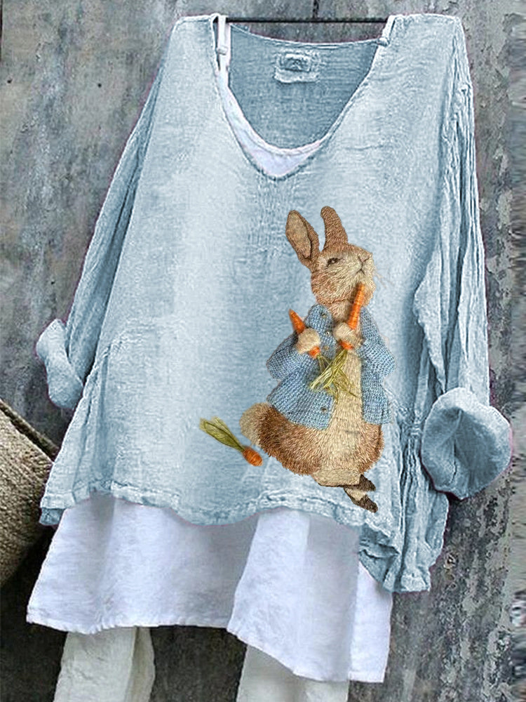 Cute Bunny Embroidery Pattern Cozy Linen Shirt artswardrobe