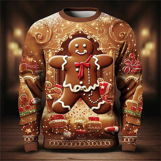 Comstylish Men's Christmas Gingerbread Print Crew Neck Casual Sweatshirt
