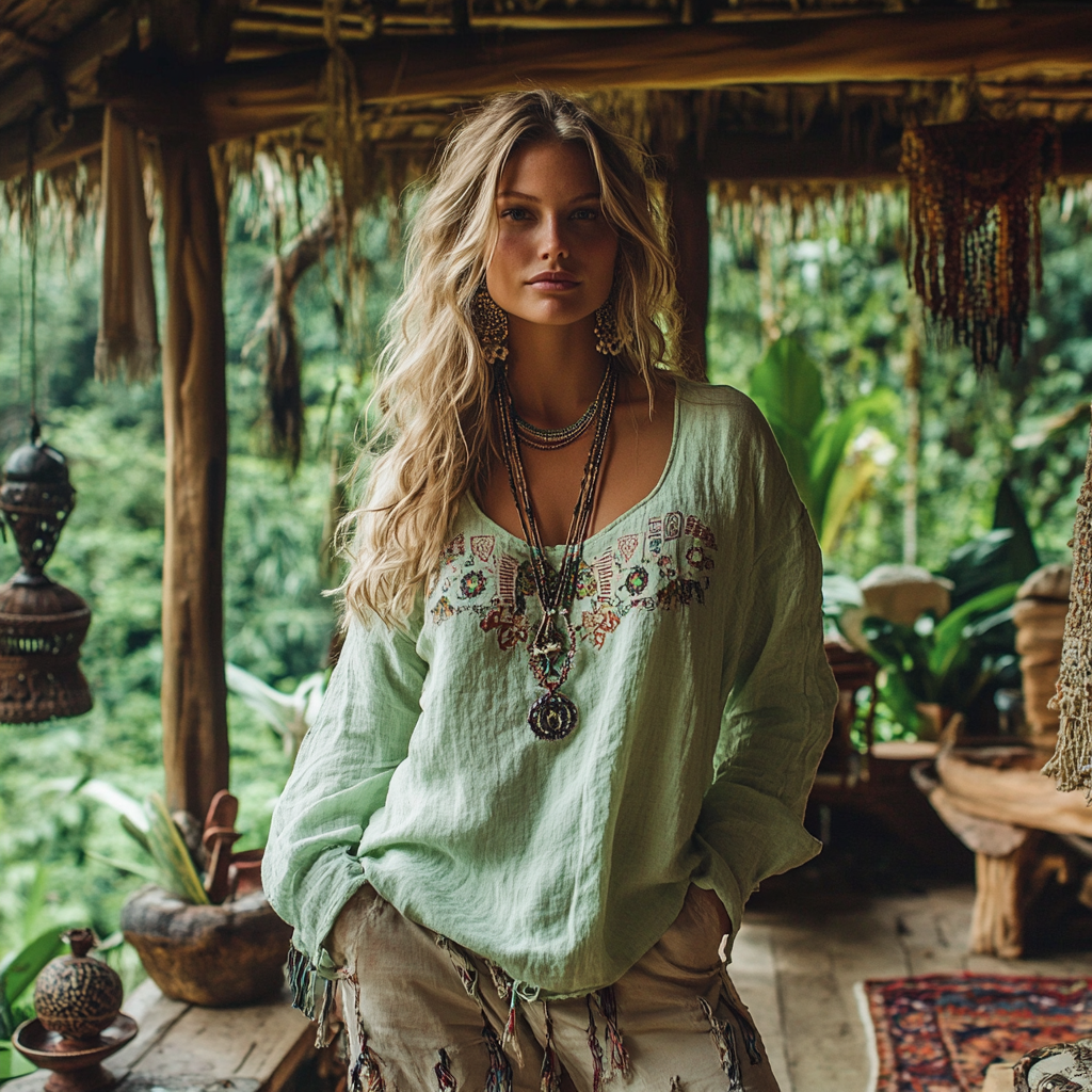 Retro Bohemian Resort Art Embroidery Print Cotton And Linen Blend Loose Blouse artswardrobe
