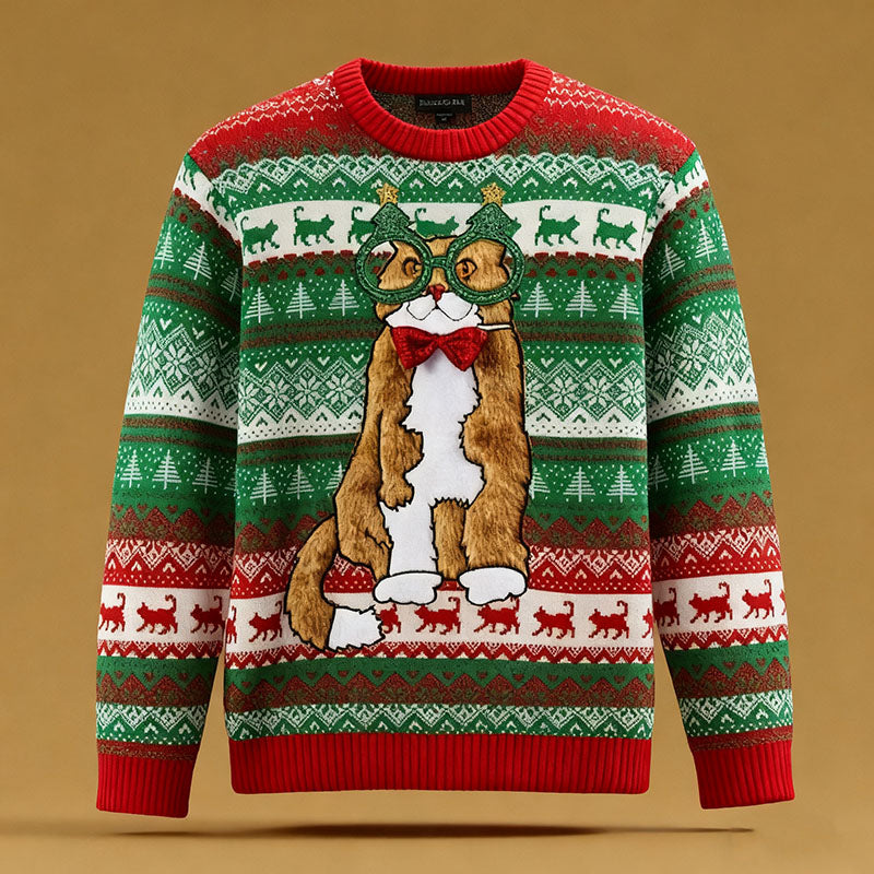 Men's Cute Cat With Glasses Nordic Pattern Ugly Sweater elevenforest