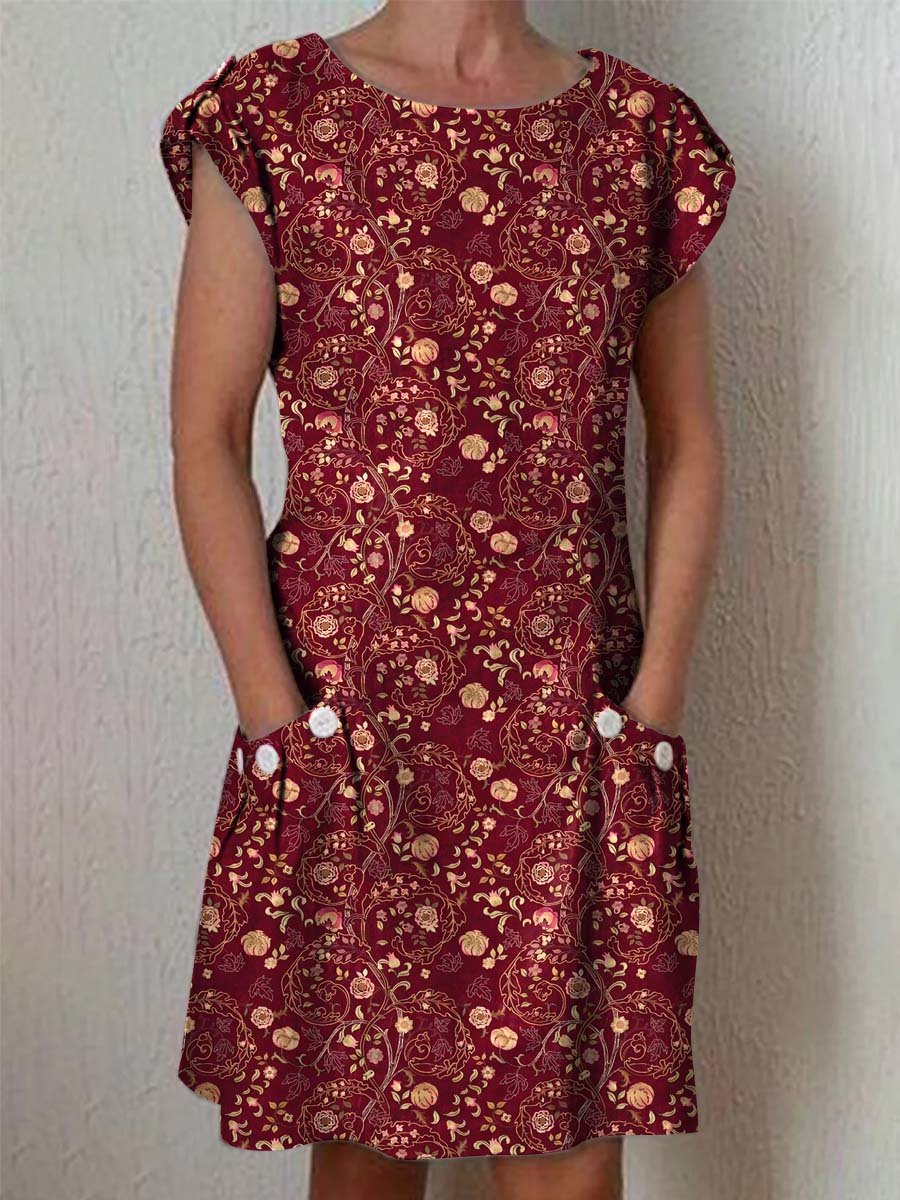 Women's Elegant Rose Floral Pattern Cotton And Linen Dress With Pockets