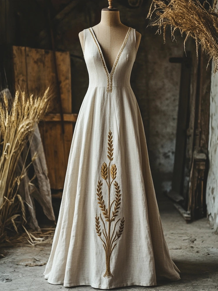 Elegant Lammas Wheat Embroidered Linen Maxi Dress artswardrobe