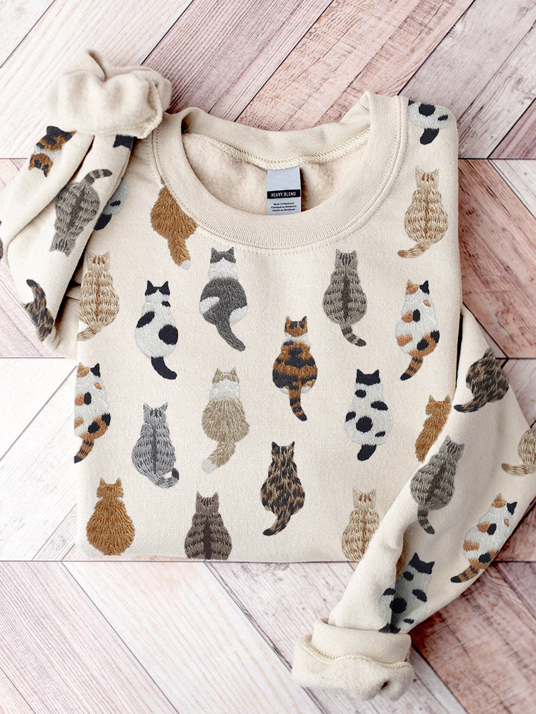Comstylish Cute Cats Embroidery Pattern Casual Cozy Sweatshirt