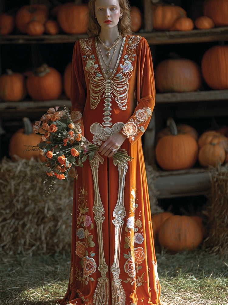 Comstylish Elegant Skeleton Flowers Cozy Velvet Maxi Dress