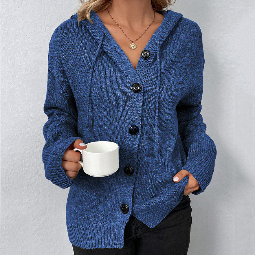 Solid Color Single Breasted Hooded Drawstring Sweater Cardigan elevenforest