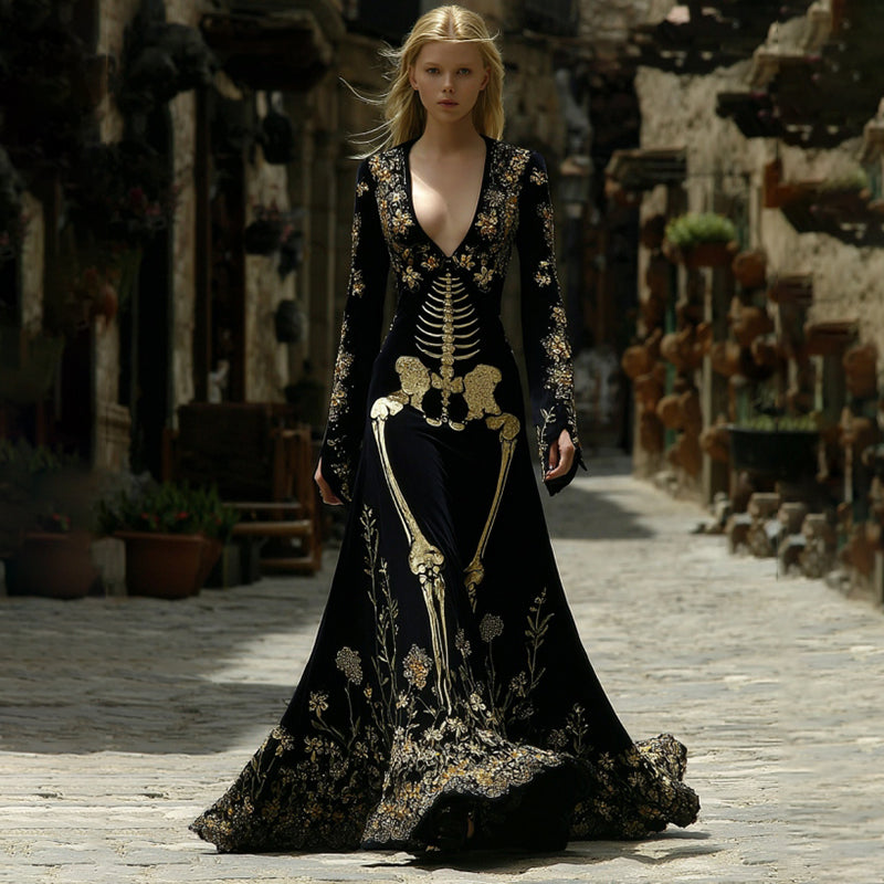 Comstylish Women's Gothic Style Skeleton Velvet V Neck Maxi Dress