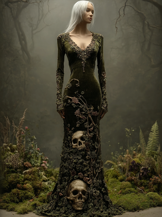 Comstylish Halloween Dark Forest Ladies V-neck Velvet Long Dress