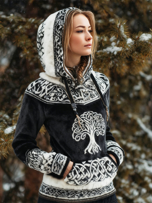 Comstylish Viking Tree Of Life Pattern Design Women's Flannel Hooded Sweatshirt