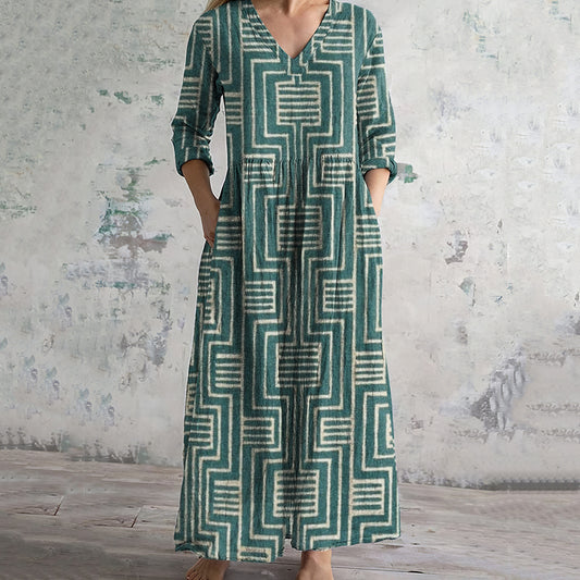 Vintage Geometric Print V-neck Linen Blend Midi Dress artswardrobe