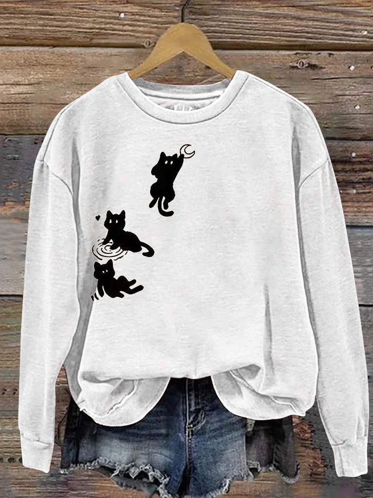 Mooncatcher Cat Print Casual Crew Neck Sweatshirt elevenforest