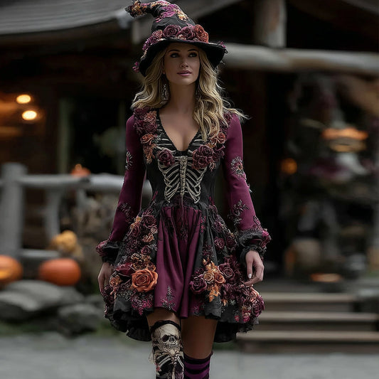 Comstylish Women's Halloween Rose And Skull Casual Midi Dress
