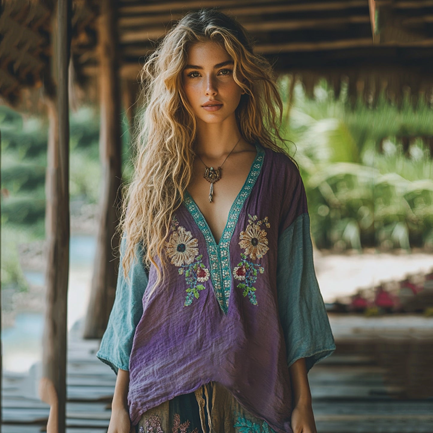 Retro Boho Tribal Floral Art Embroidery Print Cotton And Linen V-neck Loose Shirt artswardrobe