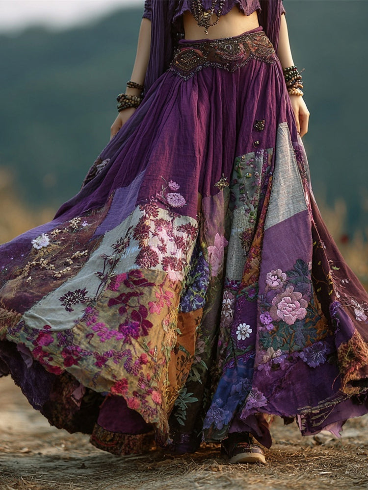 Boho Floral Patchwork Vintage Art Women's Linen Flowy Maxi Dress artswardrobe