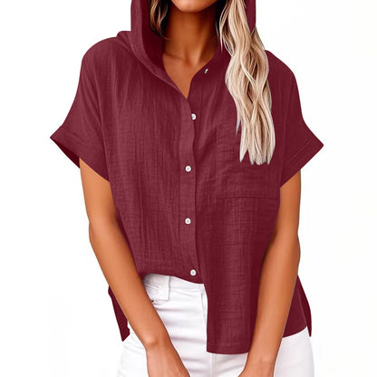 Women's Solid Color Linen Vintage Hooded Shirt artswardrobe