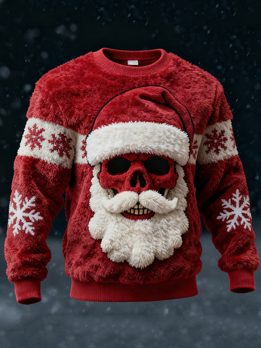 Comstylish Men's Christmas Santa Claus Skull Snowflakes Cozy Plush Sweatshirt