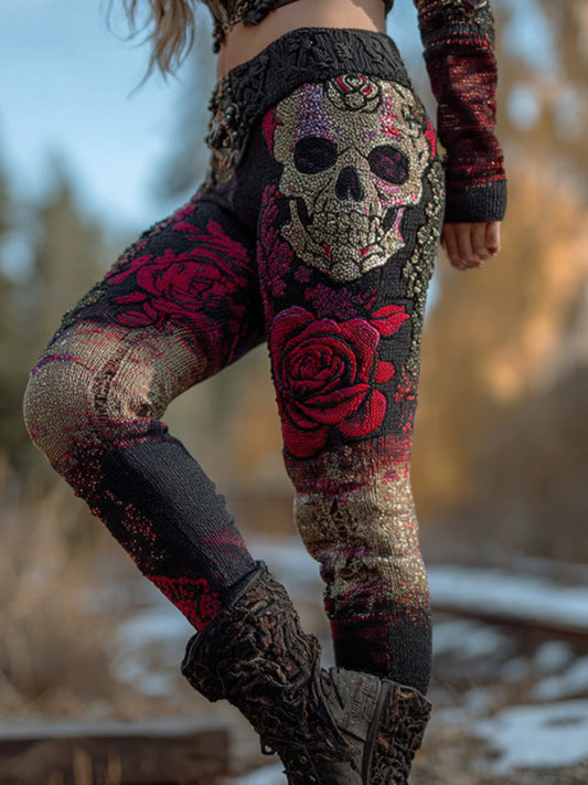 Comstylish Women's Halloween Skull Rose Art Gradient Knitted Leggings